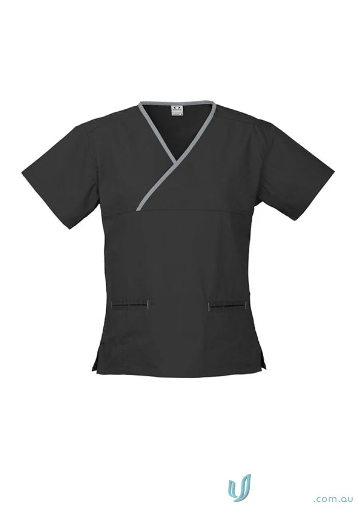 Black medical scrub top from BizCare Classic Contrast Ladies Scrub Top with crossover design and natural stretch