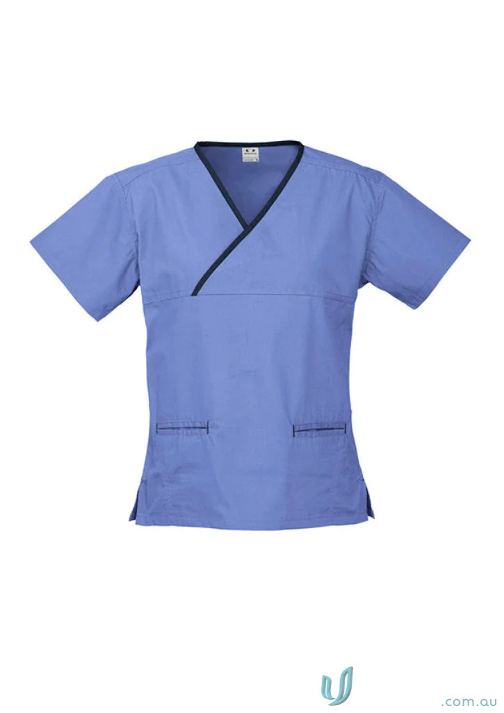Blue women’s contrast scrub top with crossover design and natural stretch forComfort