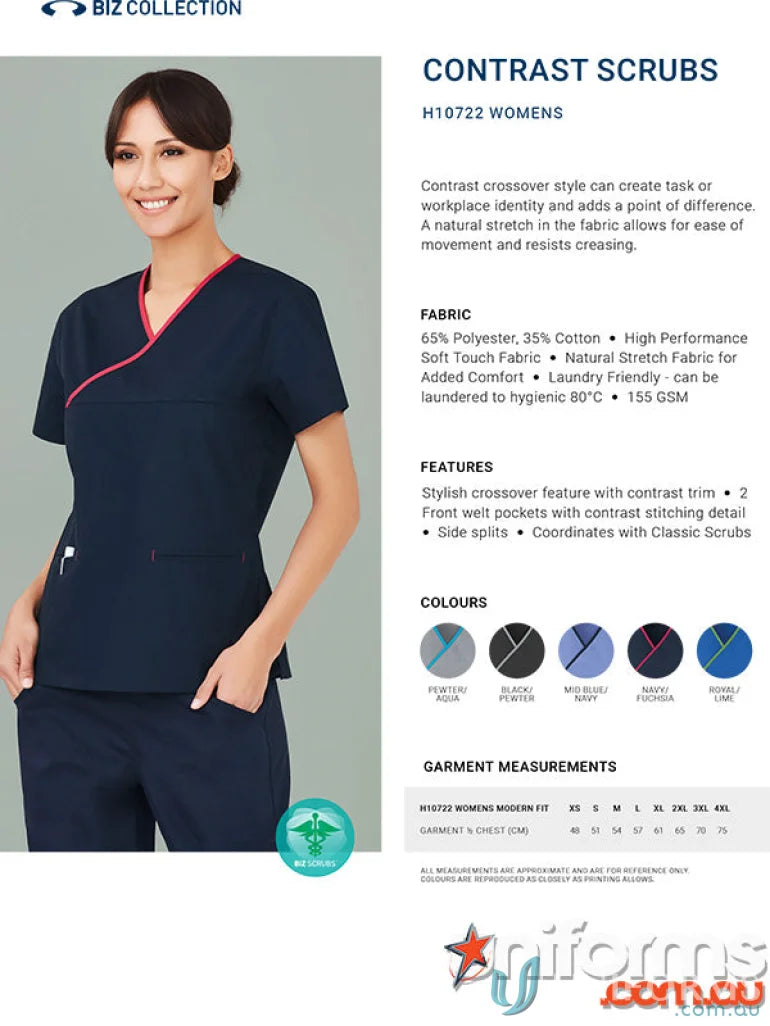 Women’s contrast scrub top with crossover design and natural stretch from BizCare Classic