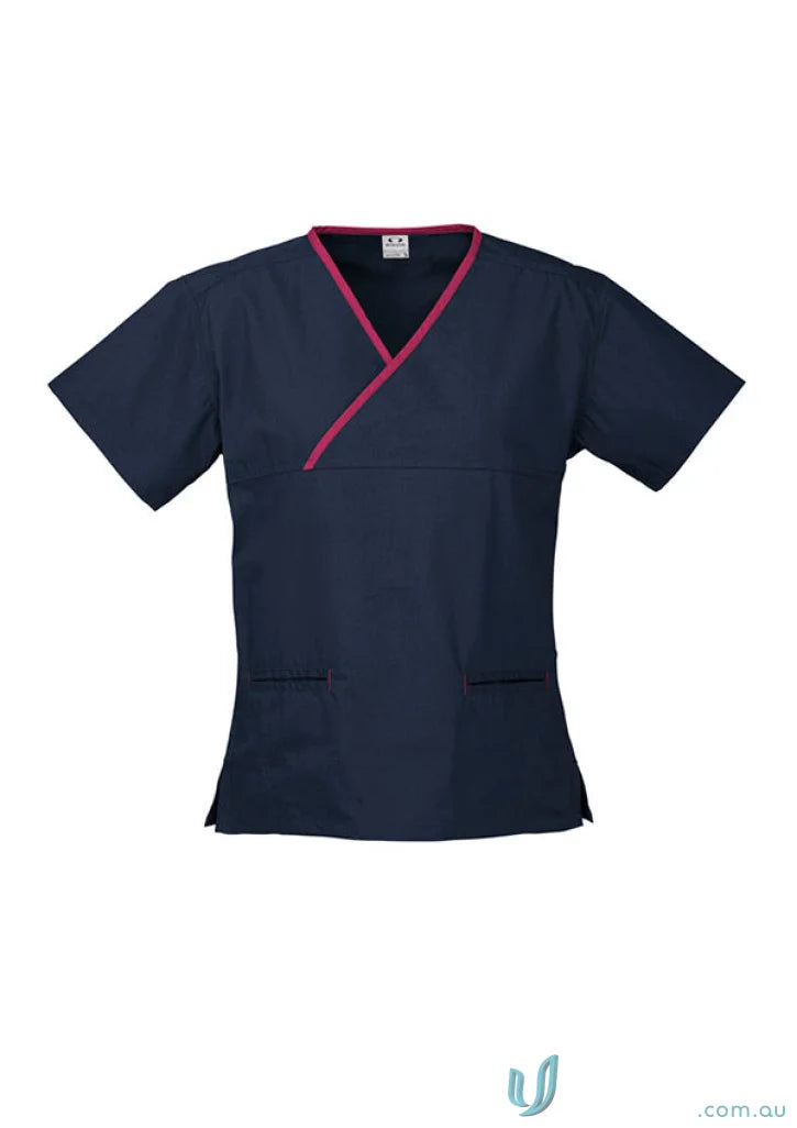 Navy blue women’s contrast scrub top with pink trim, crossover design, natural stretch