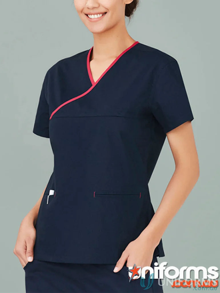 Navy blue women’s contrast scrub top with red trim and natural stretch from BizCare Classic
