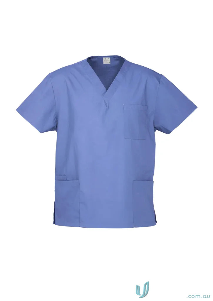 Light blue BizCare Classic Unisex Scrub Top with V-neck and multiple pockets