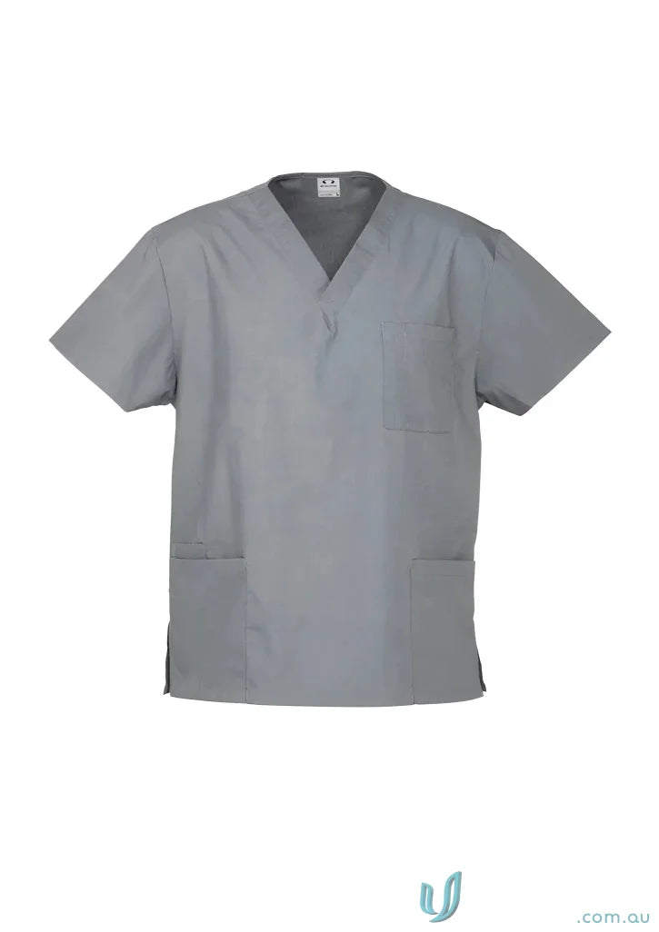 Plain grey BizCare Classic Unisex Scrub Top with short sleeves and multiple pockets