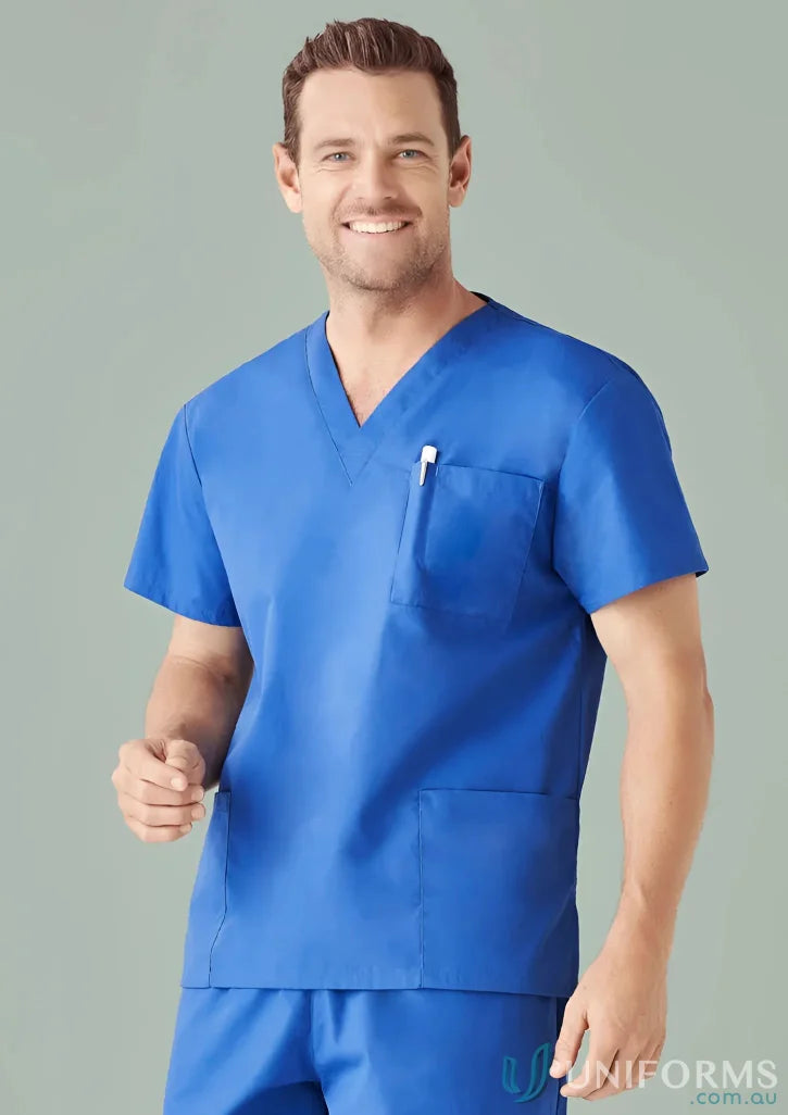 Smiling man in BizCare Classic Unisex Scrub Top from Biz Collection Unisex with natural stretch