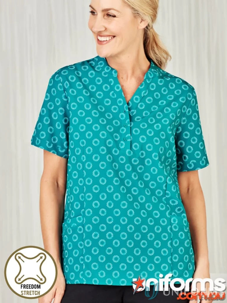 Teal patterned women’s scrub top from Bizcare Easy Stretch Daisy Print Tunic