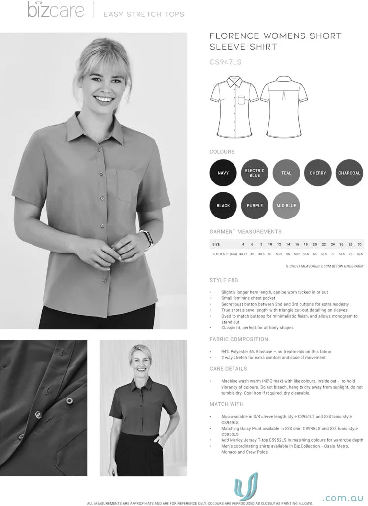 Bizcare Women’s Florence stretch SS shirt in various colors with hidden bust button CS947LS