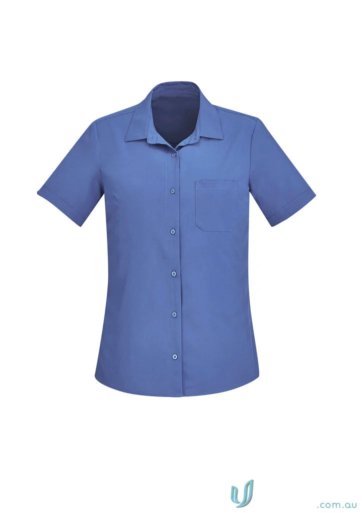 Bizcare Women’s Florence blue short-sleeve shirt with hidden bust button CS947LS