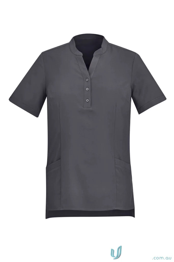 Gray short-sleeved Bizcare Florence Plain Tunic with mandarin collar for women CS949LS
