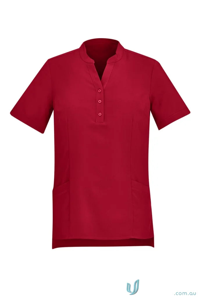 Red bizcare Florence plain short-sleeved tunic with mandarin collar and buttons for women
