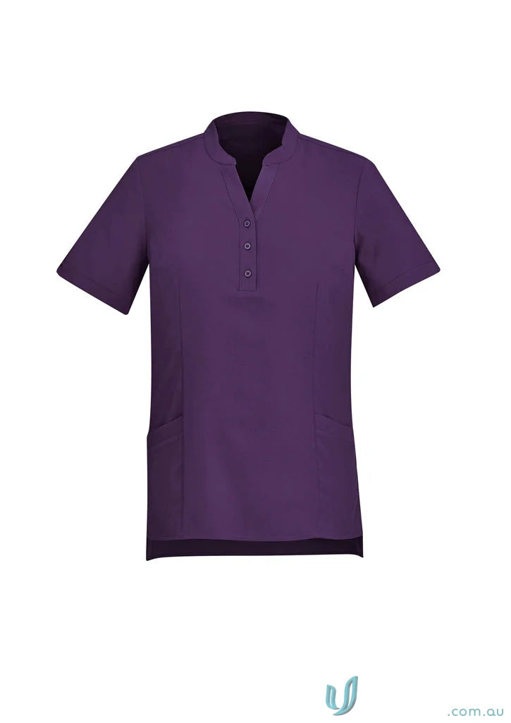 Purple short-sleeved Bizcare Florence Plain Tunic with buttoned placket for women