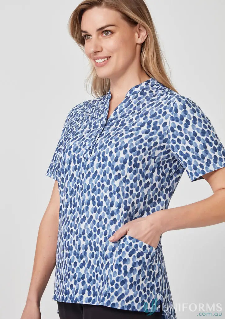 Blue patterned short-sleeved Bizcare Women’s Florence Stardust Print Tunic for stylish summer wear