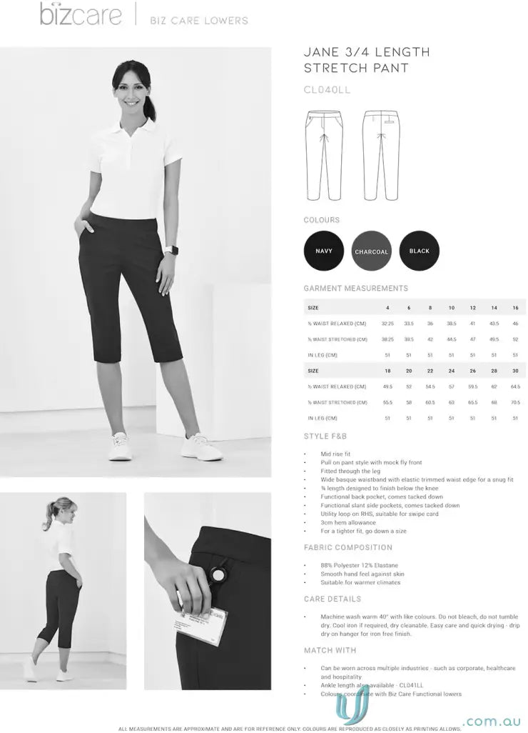 Jane 3Q stretch pants with utility loop for Bizcare Jane, comfy 3/4 length style