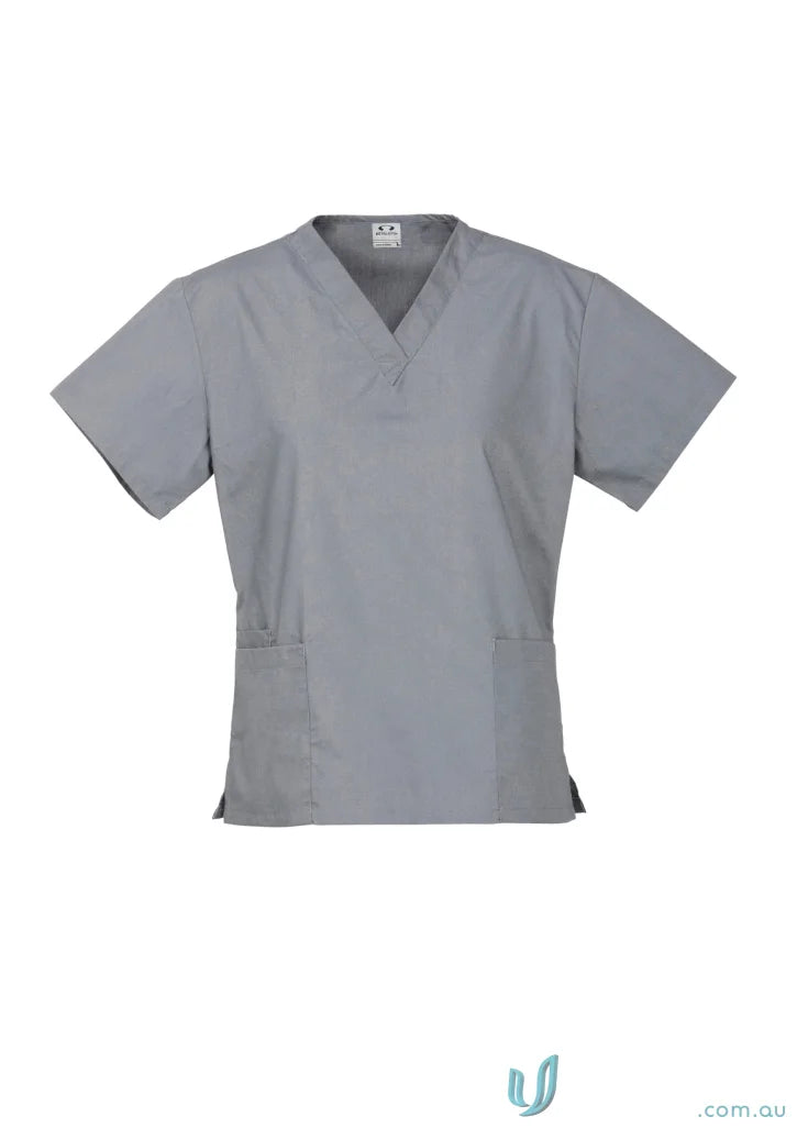 Gray V-neck scrub top from BizCare Classic Ladies scrub collection with all-day comfort