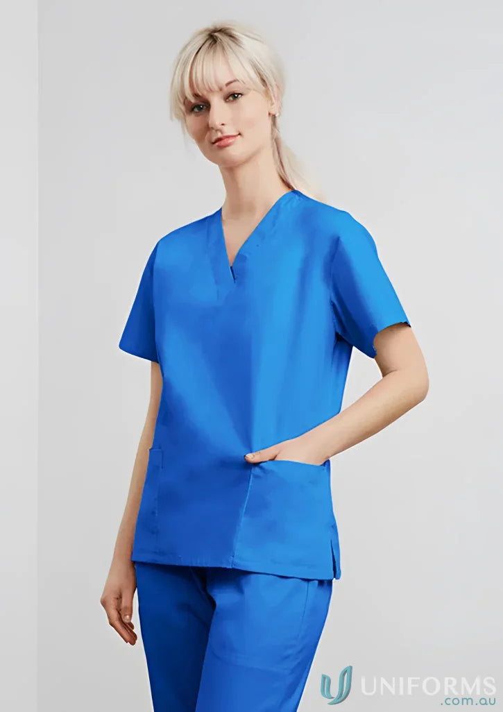 Blue womens classic scrub top made with natural stretch fabric for all-day comfort
