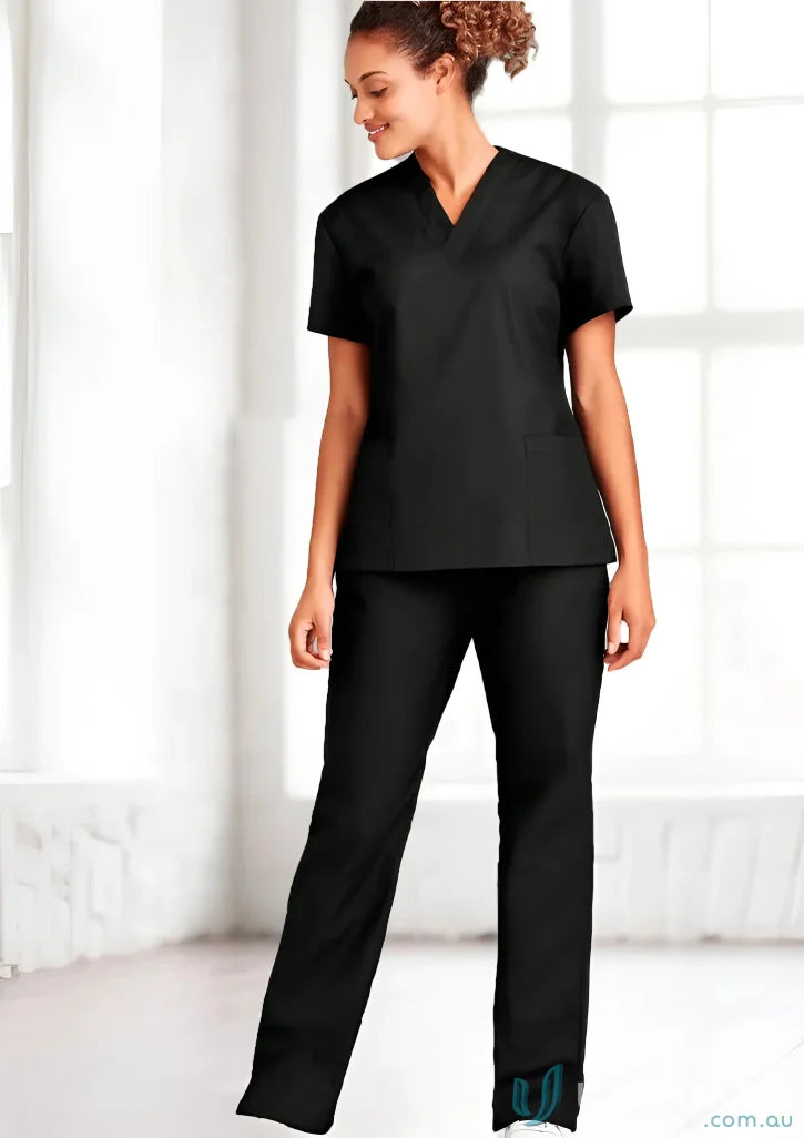 Black scrub suit from BizCare Ladies Scrubs Bootleg Pant with soft-touch fabric