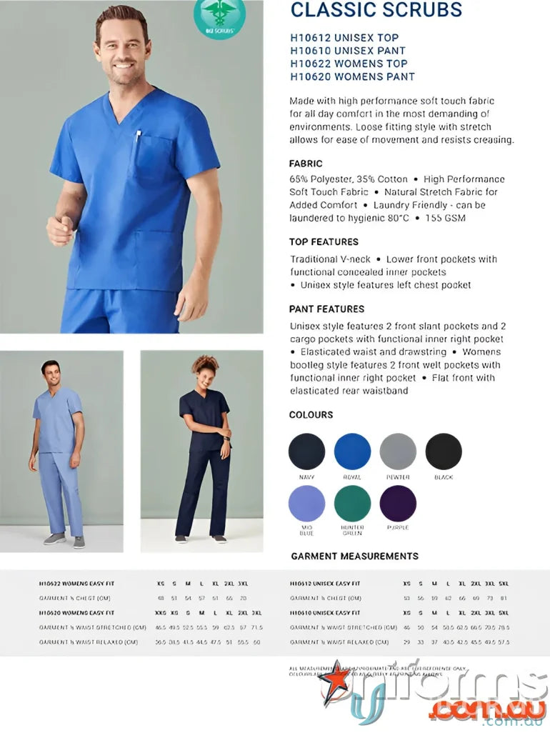 Classic scrubs product ad showcasing BizCare Classic Ladies Scrubs Bootleg Pant in soft-touch fabric
