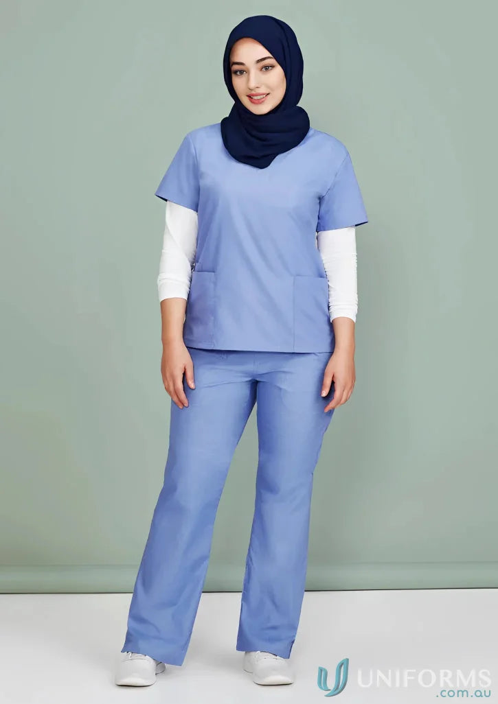 Light blue womens classic scrub with hijab, soft-touch fabric, scrubs bootleg style