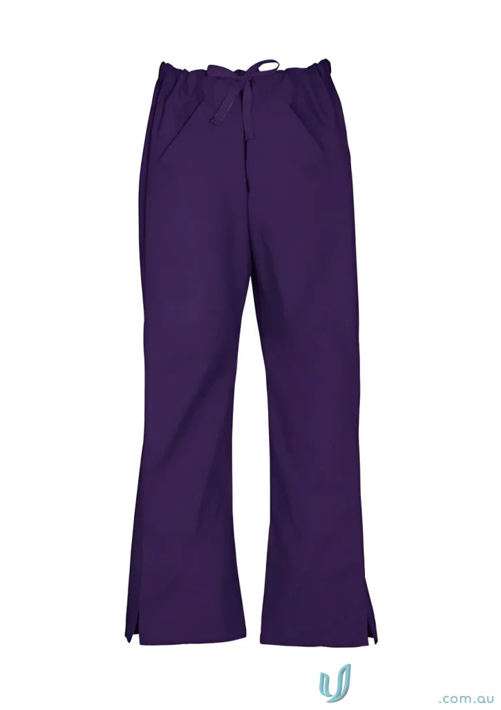 Purple drawstring scrub pants in womens classic scrub bootleg style with soft-touch fabric