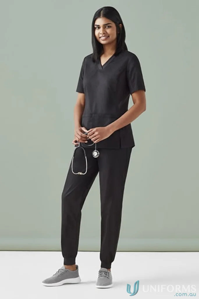 Black Bizcare Women’s Riley Stretch Scrub Top with stethoscope for medical professionals