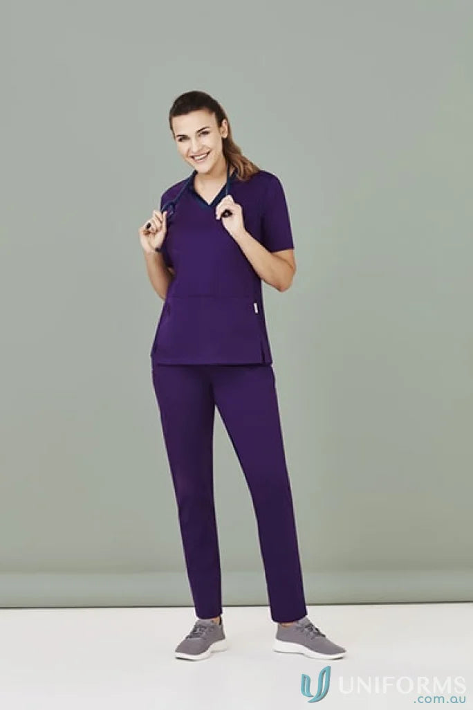 Purple Bizcare Women’s Riley Stretch Scrub Top with stethoscope for medical pros