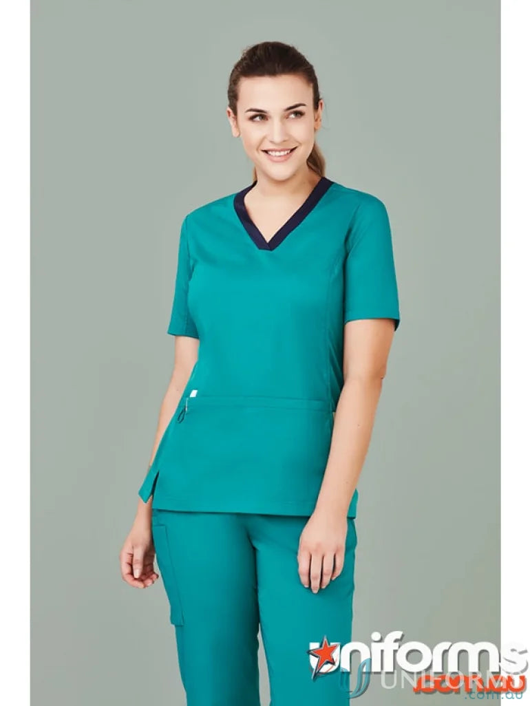 Teal Bizcare Women’s Riley Stretch Scrub Top featuring V-Neck style