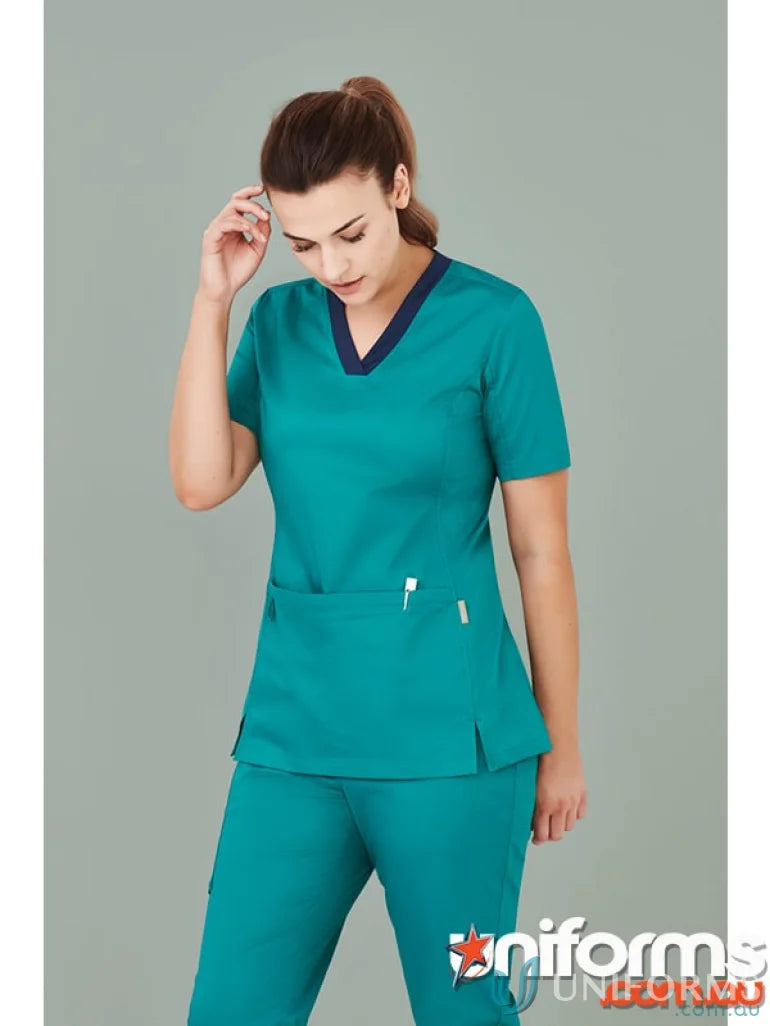 Teal Bizcare women’s Riley V-Neck Scrub Top from Riley stretch scrub collection