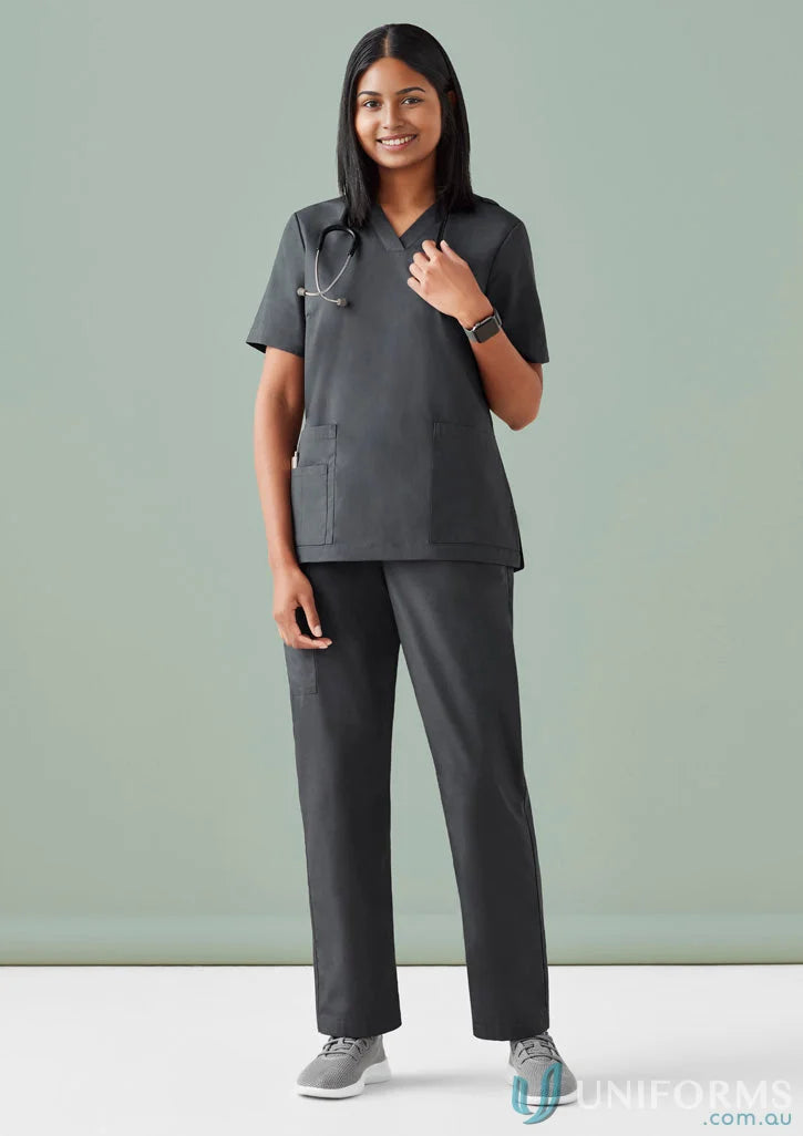 Gray BizCare Women’s Tokyo Scrub Pant with CSP143LL elastic waistband tabletop