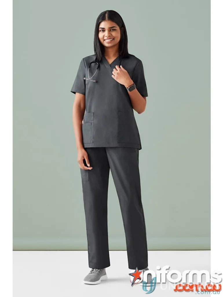 Gray women’s tokyo scrub top from Biz Care women’s line for feeling fresh at work