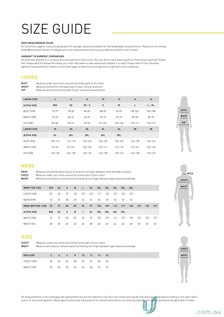 Size guide for Bizcare Womens Comfort Waist Cargo Pant showing measurements for the ultimate workwear solution