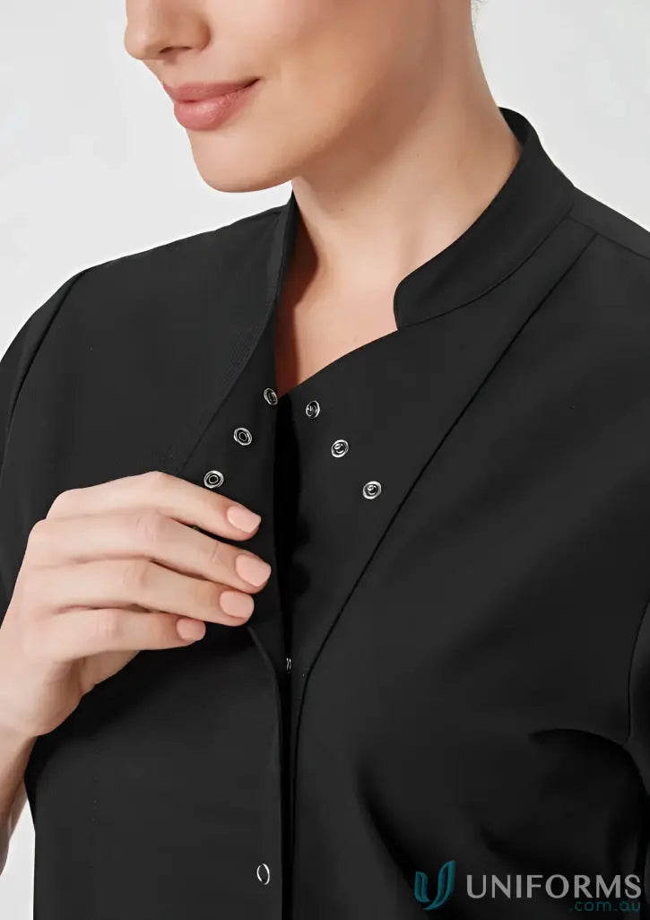 Bizcare Women’s Essence Jacket with black short-sleeved top, mandarin collar, snap closures