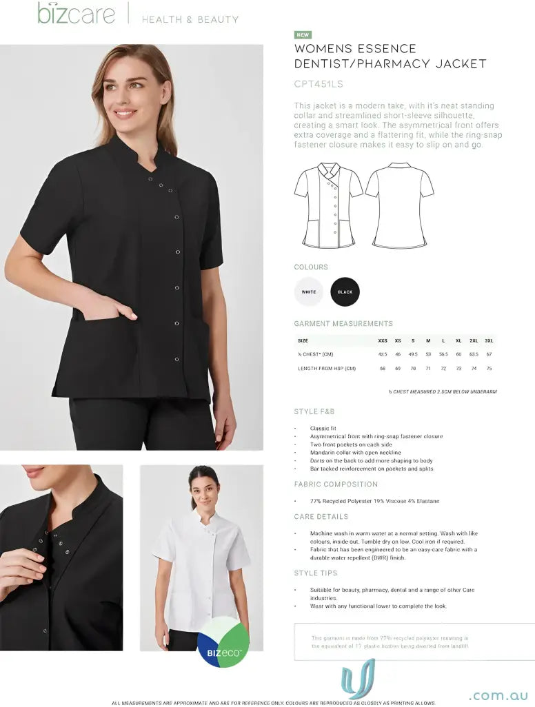 Black Bizcare Women’s Essence Jacket with mandarin collar and durable water repellent finish