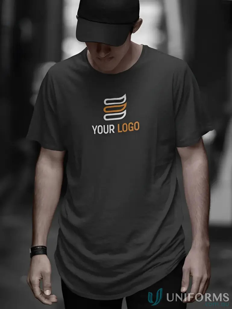 Black cotton jersey unisex tee with logo from 100 MOQ printed uniforms price includes