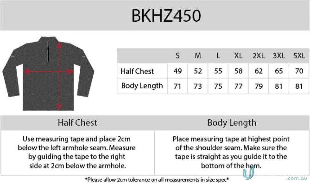 Clothing size chart for Black Kanvas Half Zip Jumper with Aegis Microbe Shield tech
