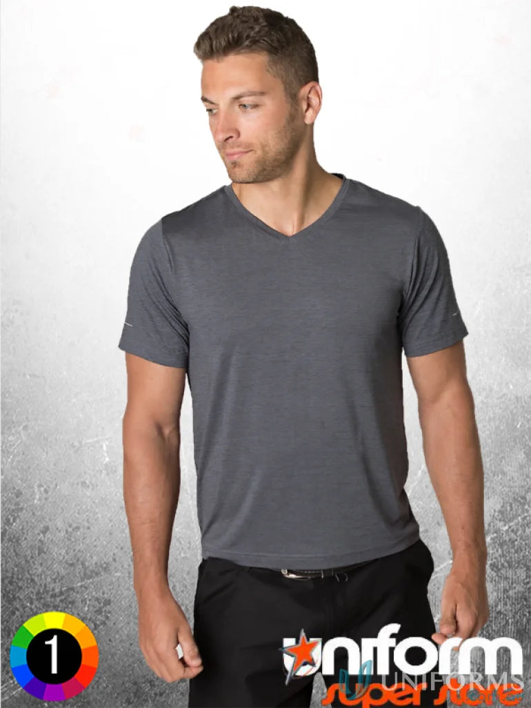 Gray V-neck T-shirt with aegis microbe shield and cooldry moisture tech for comfort