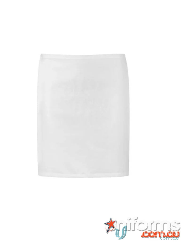 Plain white knee-length pencil skirt perfect for uniforms and workwear, 1/4 length apron style