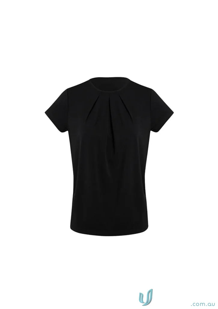 Black Blaise short sleeve top in luxe jersey knit with pleated front for women