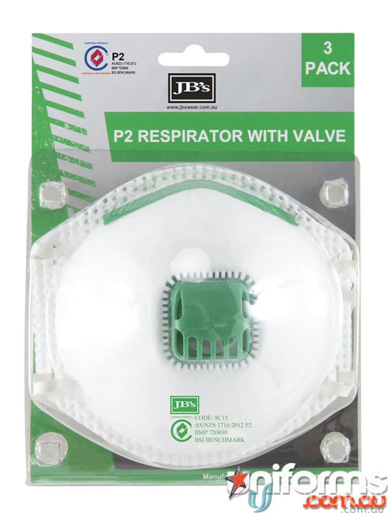P2 respirator with valve three-pack for workwear and uniforms safety gear