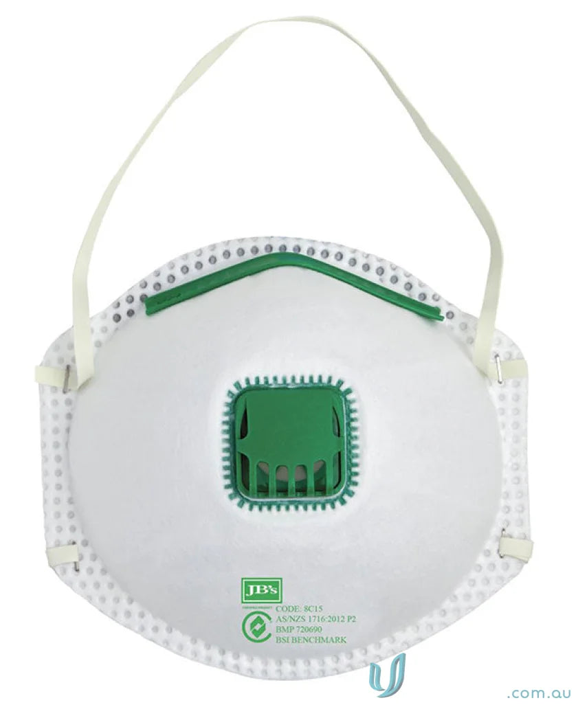 White respirator mask with green accents for workwear and uniforms protection