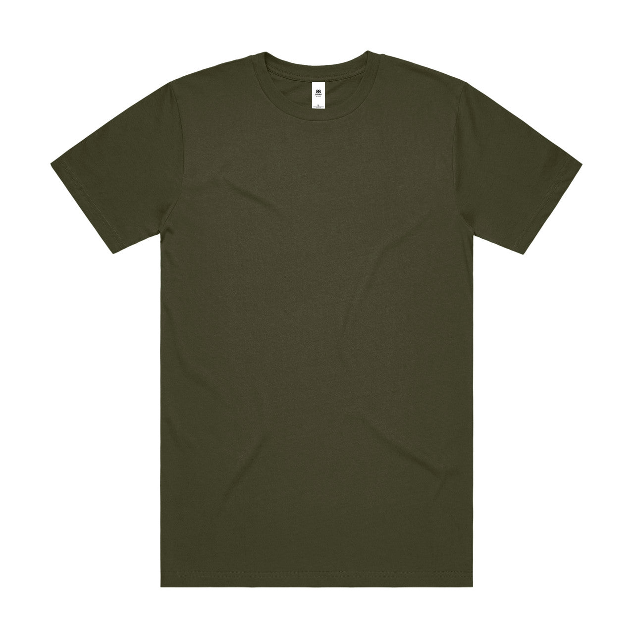 Olive green crew neck t-shirt with a small white logo on the left shoulder.