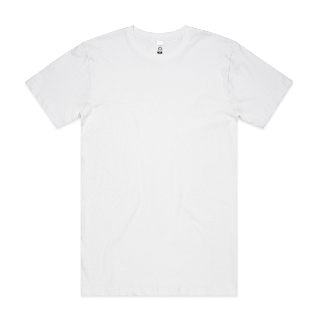 White crew neck t-shirt with short sleeves and a small logo on the left chest.