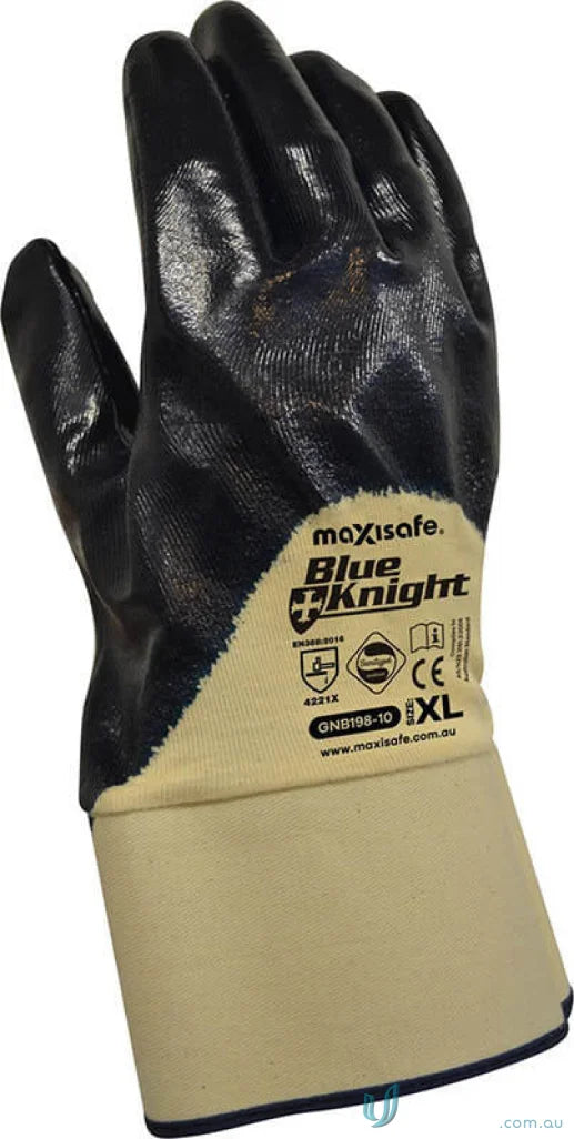 Black and beige work glove with safety cuff from Blue Knight Nitrile workwear