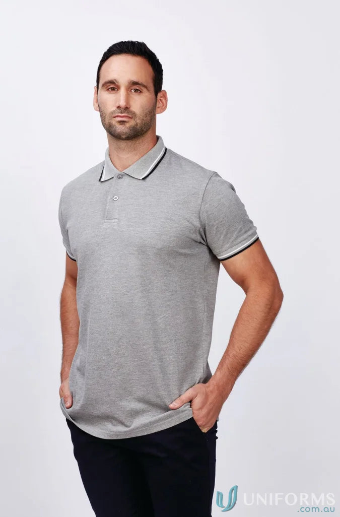 Man in gray bobby polo shirt, ideal for uniforms and workwear, showing casual style