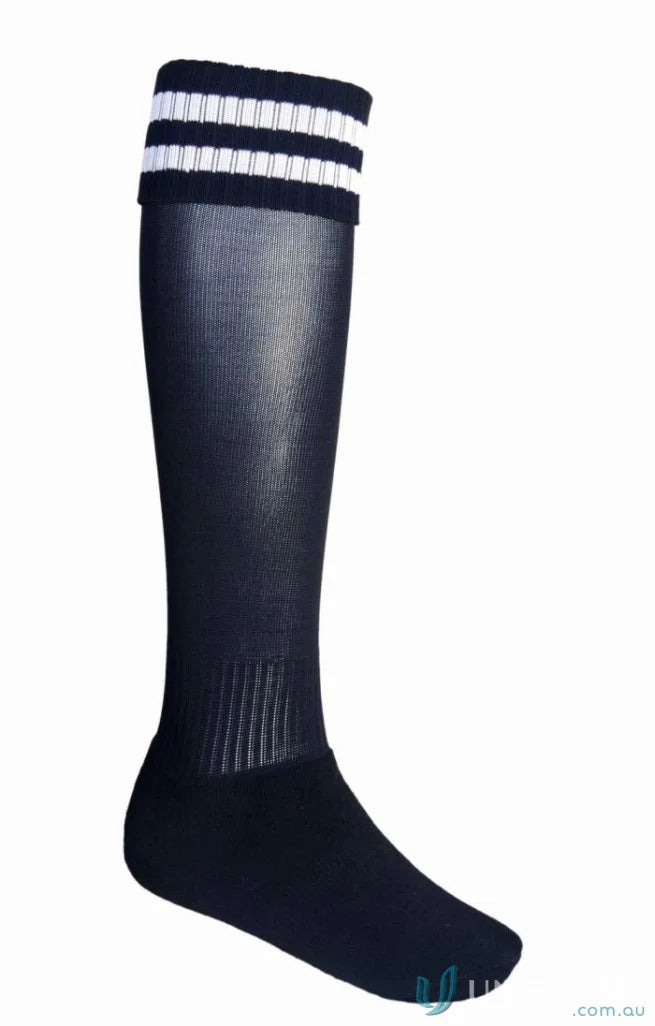 Black knee-high sports socks with white stripes, perfect for uniforms and shoe sizes