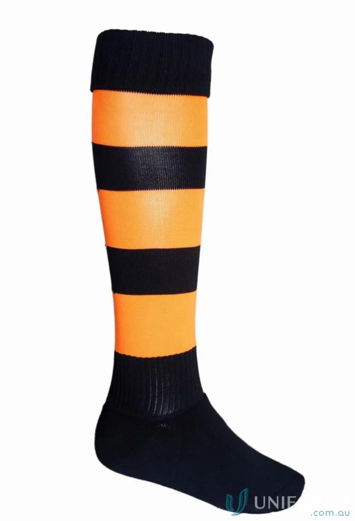 Black and orange striped Bocini Sports Socks for athletic shoe sizes and uniforms