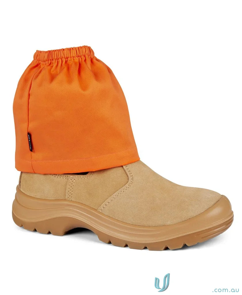 Tan work boot with orange spats shown in Boot Cover for uniforms and workwear