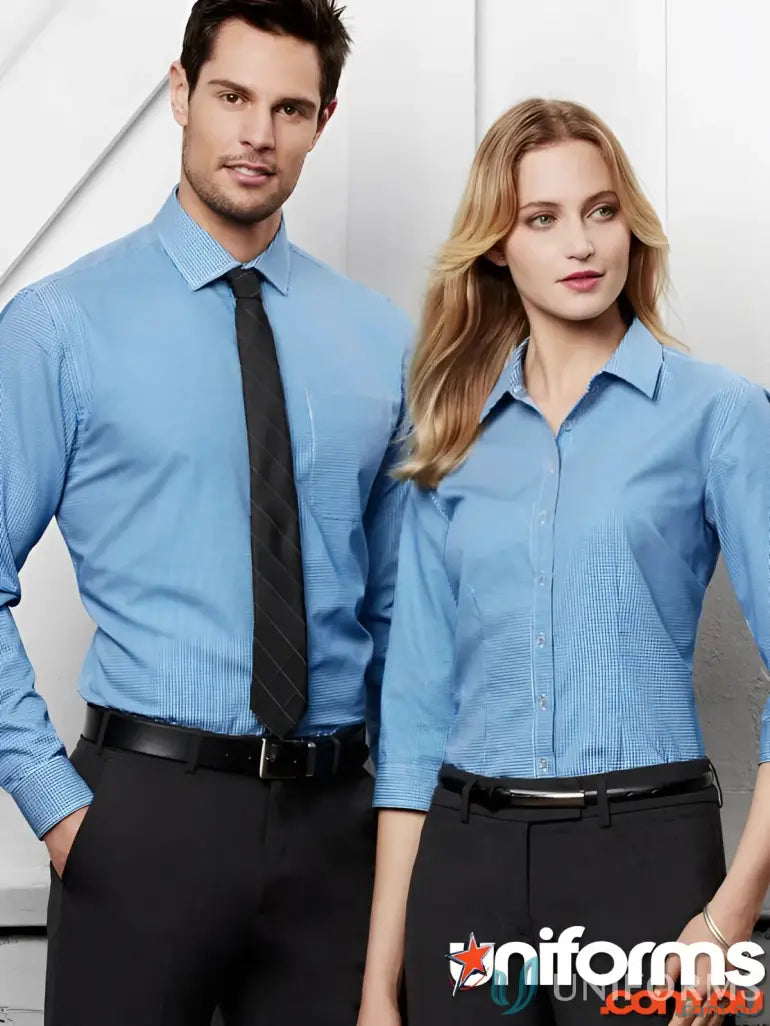 Two people wearing matching blue checkered Boronia Ladies 3Q Shirt from Biz Collection Ladies