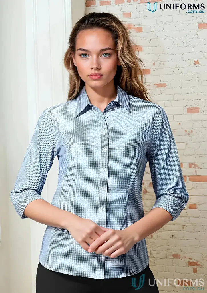 Blue and white checkered Boronia Ladies 3Q Shirt from Biz Collection Ladies