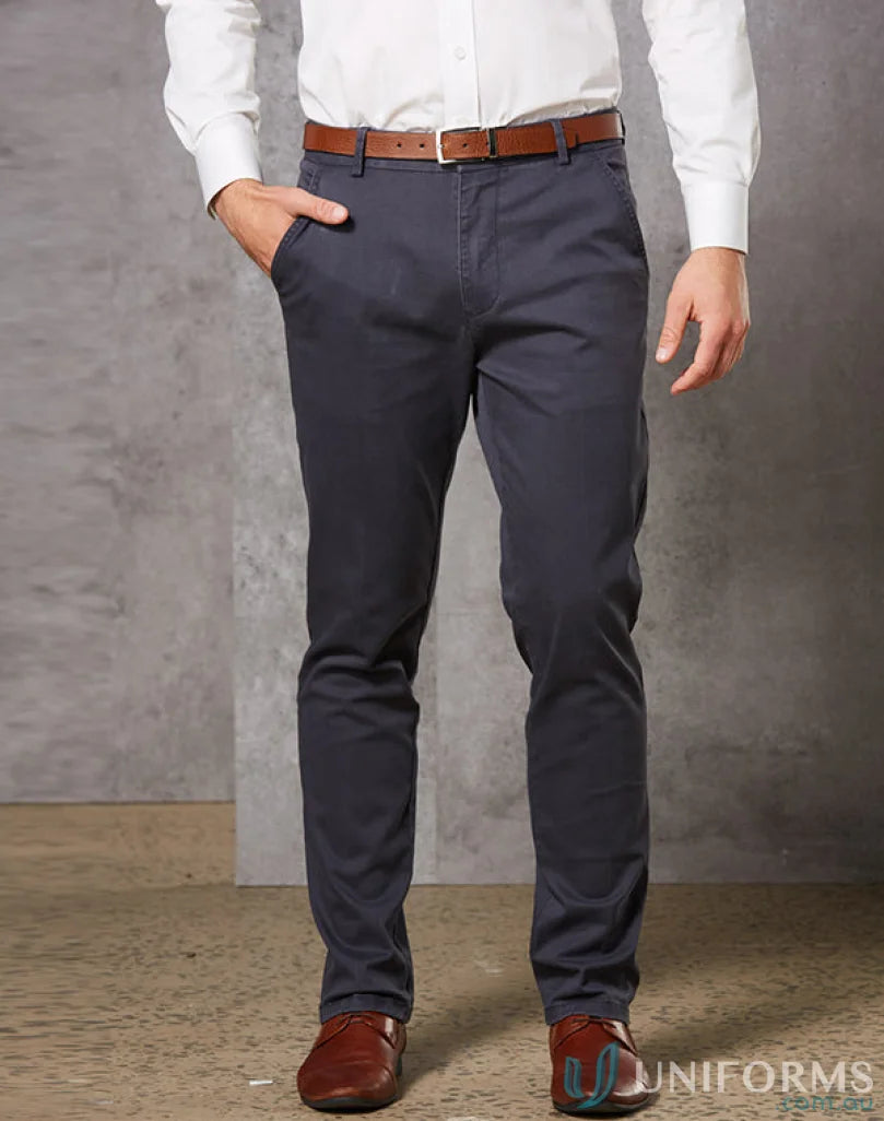 Man wearing gray Boston Chino Pants with brown belt and shoes, perfect for Spirit Boston style