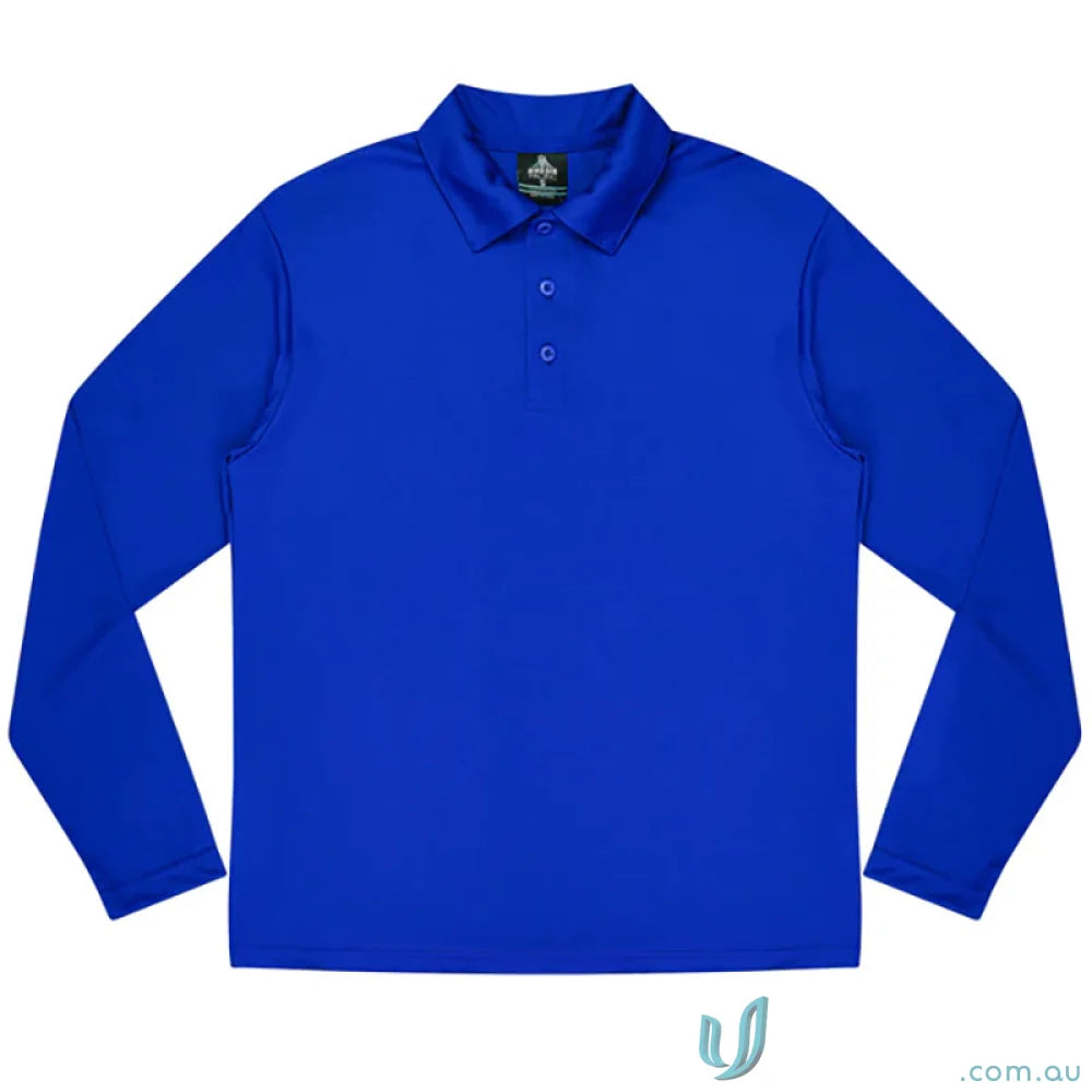 Blue long-sleeved kids polo shirt from Botany Kids Polo, comfortable school uniforms