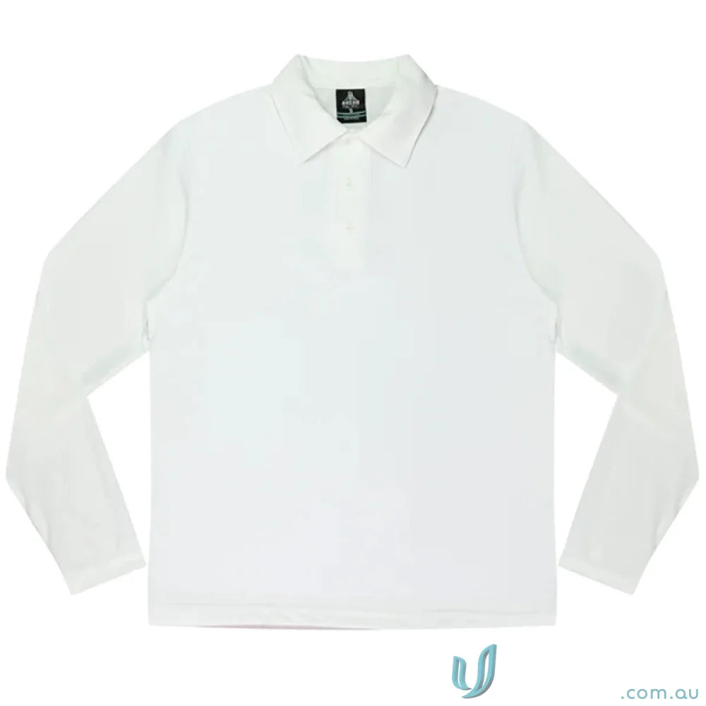 White long-sleeved kids polo shirt from Botany Kids Polo, comfy for school uniforms